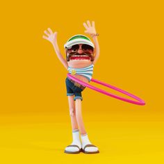 a cartoon character holding two pink frisbees in one hand and wearing sunglasses on the other