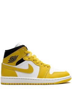 yellow/white/black leather/faux leather signature Swoosh logo detail wings print contrasting panel detail round toe front lace-up fastening logo patch at the tongue branded insole rubber sole These styles are supplied by a premium and authenticated sneaker marketplace. Stocking only the most sought-after footwear, they source and curate some of the most hard to find sneakers from around the world. Jordan Air, Iconic Bags, Swoosh Logo, Air Jordan 1 Mid, Jordan 1 Mid, Summer Beach Wear, Flat Boots, Ballet Flat Shoes, Pump Sandals