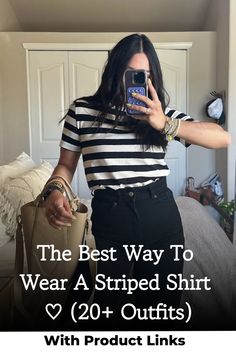 Discover simple and cute striped t-shirt outfit ideas that will elevate your aesthetic effortlessly. Striped Shirt Outfit Aesthetic, Striped Tshirt Outfits, Striped Top Outfit