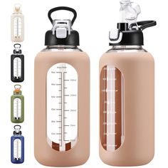 two water bottles with thermometers on each one and different color options to choose from