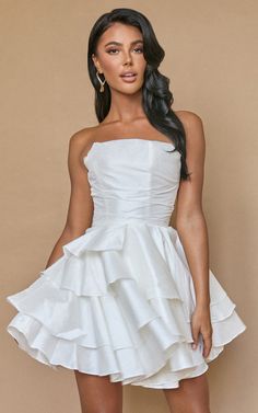 Allisyn Mini Dress - Strapless Tiered Flare Dress in White Formal Dresses White, Prom Dresses Strapless, White Prom Dresses, Strapless Prom Dresses, White Prom Dress, Bridal Shower Dress, Shower Dresses, White Dresses, Dress Mini