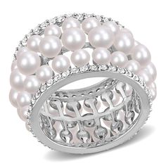 This exquisite piece showcases a sterling silver band adorned with an array of beautiful white button-shaped freshwater cultured pearls and sparkling lab-created white sapphires. Immerse yourself in the timeless elegance and sophistication this ring brings, making it a truly enchanting accessory for any occasion. | Pearl and Lab-Created White Sapphire Ring | Sterling Silver | Size 6 | 2mm | Helzberg Diamonds White Pearl Rings With Diamond Accents, White Pearl Jewelry With Sparkling Stones, Silver Akoya Pearl Rings With Diamond Accents, Silver Pearl Rings With Diamond Accents, Luxury Pearl-embellished Jewelry For Anniversary, Silver Rings With Diamond Accents And Pearl, Luxury Pearl Embellished Jewelry For Anniversary, Classic White Cubic Zirconia Pearl Ring, Silver Pearl Jewelry With Diamond Accents