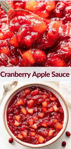 cranberry apple sauce in a white bowl with spoons next to it and the recipe