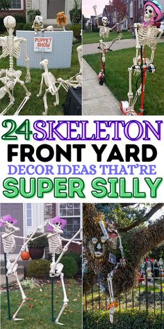 the front yard is decorated with skeletons and flowers