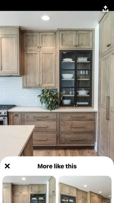 a kitchen with wooden cabinets and white counter tops, two pictures show the same area