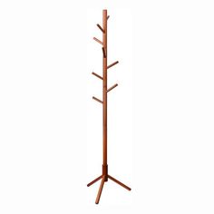 a wooden coat rack with three coats on it's sides and two poles in the middle