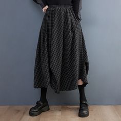 Lasaky - Dark Linen Grid Asymmetrical Pleated Midi Skirt Black Plaid Skirt, Patchwork Denim Skirt, Cotton Skirts, Skirts Summer, Bubble Skirt, Half Skirt, Black Midi Skirt, Asymmetrical Skirt, Summer Fabrics