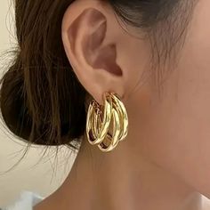 New 14k Gold Plated Triple Hoop Earrings Sophisticated And Stylish New Earrings To Compliment Your Favorite Outfit 14k Gold Plated With Three Interlocking Hoops Creating An Eye Catching Design New A5809-12 A5384-87 A5440-43 A5851-5862 A5955-56 Other Listings J.Crew Abercrombie And Fitch Nike Levi's Columbia Lee Victoria's Secret Wrangler Talbots Skechers Adidas Chico's Fila Vince Camuto Old Navy Athleta Eddie Bauer Madewell Ralph Lauren Polo Ann Taylor Loft Disney Free People Tailorbyrd Puma Glo Thick Gold Hoops, Triple Hoop Earrings, Stil Boho, Geometric Studs, Anthropologie Jewelry, Styl Boho, Metal Earrings, Boho Stil, Girls Jewelry