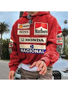 Men Youth Sweatshirt, Men's Retro Racing Print Red Oversized Hoodie Casual Long Sleeve Hoodie For Sports Events, Red Winter Sweatshirt For Sports Events, Red Hooded Top For Sports Events, Red Crew Neck Hoodie For Sports Events, Casual Red Hoodie For Sports Events, Red Hoodie Sweatshirt For Sports Events, Red Graphic Sweatshirt For Sports Events, Red Hooded Top For Sports Season, Red Hoodie With Letter Print For Sports Events