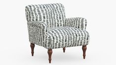 a black and white patterned chair with wooden legs