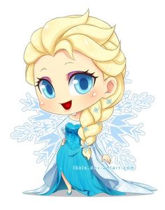 a drawing of a frozen princess with blue eyes and long blonde hair, wearing a blue dress