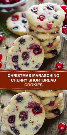 christmas maraschino cherry shortbread cookies stacked on top of each other with text overlay