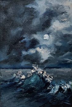 an oil painting of the ocean with dark clouds