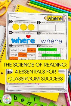 the science of reading 4 essentials for classroom success is shown with pencils and markers