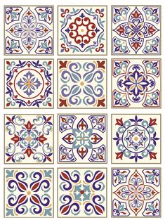 nine different types of tile designs in blue, red and orange colors on a white background