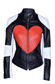 Real Lambskin Black & White leather jacket  | T- Birds inspired Black & White Lambskin Red HEART Shape Style Jacket  Buy latest range of Red HEART Style leather Jacket . Explore our collection of PEACE SYMBOL Womens leather jacket today. The Color Block HEART shape Jacket Materials: Lambskin Leather Color : Black Closure : Zipper / Ykk Zipper  Front Zip Closure Handmade: Yes  Season: Winter, Spring, Fall Occasion: Party, Halloween. Occasion: Club & Party wear, Gift for Halloween , Birthday Gift Heart Jacket, Ladies Motorcycle, Trendy Jackets, Motorcycle Style, Valentine's Day Outfit, Biker Leather, Kylie Minogue, Motorcycle Gear, Leather Motorcycle Jacket