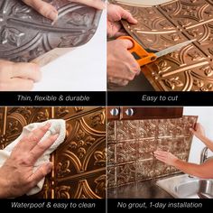 four pictures showing how to install decorative tile