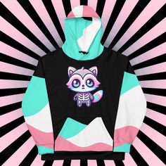 Weirdcore Raccoon Skeleton Graphic Hoodie Pastel Goth Grunge Y2K Unisex Hoodie 🖤 PRODUCT HIGHLIGHTS: All Designs made by me, Ali (DreamSage Original Designs)           * 95% recycled polyester, 5% spandex           * Fabric weight (may vary by 5 9.08 oz./yd.² (308 g/m²)           * Soft cotton-feel fabric face           * Brushed fleece fabric inside           * Double-lined hood with design on both sides           * Unisex style           * Overlock seams           * Fabric is OEKO-TEX 100 sta Kawaii Hooded Sweatshirt For Streetwear, Halloween Hooded Outerwear With Skull Print, Kawaii Hooded Sweatshirt With Graphic Print, Kawaii Hooded Streetwear Outerwear, Kawaii Hooded Outerwear For Streetwear, Hooded Kawaii Outerwear For Streetwear, Kawaii Cartoon Print Hoodie For Streetwear, Punk Halloween Hoodie With Skull Print, Harajuku Style Hooded Halloween Hoodie