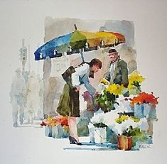 a watercolor painting of two people standing under an umbrella next to flowers and potted plants