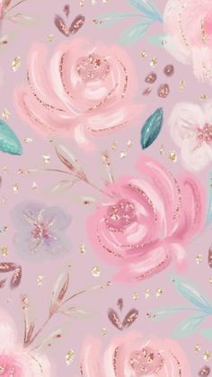 a pink background with flowers and glitters