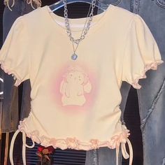 Realmefit Beige Kawaii Tshirt Drawstring Women Fashion Cute Rabbit Tops Women Cotton T Shirt Casual Loose Graphic T Shirts Y2k Streetwear Beige Kawaii, Kawaii Tshirt, T Shirts Y2k, Shirts Y2k, Cute Rabbit, Yellow Lace