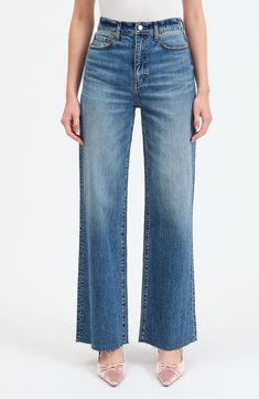 Frayed hems add plenty of attitude to stretch-kissed jeans cut from lightly washed denim in a roomy wide leg. 32 1/2" inseam; 22" leg opening; 12" front rise Zip fly with button closure Five-pocket style 65% cotton, 34% organic cotton, 1% elastane Machine wash, dry flat Imported High Waist Wide Leg Jeans, Washed Denim, Nordstrom Store, Fabric Gifts, Free Fabric, Denim Wash, Wide Leg Jeans, Leg Jeans, High Waist