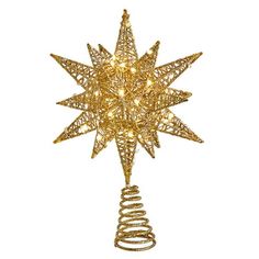 a gold christmas tree topper with lights on it's head and spiral wire