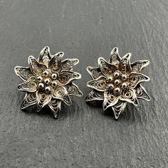 Vintage Sterling Silver Fancy Floral Clip-On Earrings, Stamped 800, Diameter 20.2mm, Max Depth 4.8mm, Total Weight 6.97 Grams, Secure Clip-On Closure, Lovely Condition Silver Clip-on Earrings For Jewelry Making, Formal Silver Flower-shaped Clip-on Earrings, Vintage Silver Flower-shaped Earrings, Silver Flower-shaped Clip-on Earrings For Anniversary, Traditional Pierced Flower Shaped Earrings, Traditional Silver Clip-on Earrings, Silver Filigree Clip-on Earrings As A Gift, Silver Filigree Clip-on Earrings For Gift, Sterling Silber