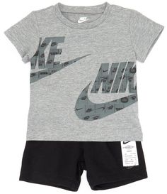 From Nike, this two-piece set features:Solid jersey t-shirt with crew necklineshort sleevesprinted wraparound Nike logo block lettering and "Swoosh" design trademark pullover constructionSolid French terry shorts with elastic waistpull-on styling logo patch on one legJersey t-shirt and lightweight French terry shorts of cotton/polyesterMachine wash/tumble dryImported. Nike Shorts Outfits, Nike 77, Baby Boy Nike, Workout Clothes Nike, Baby Boy T Shirt, Logo Jersey, Nike Baby, French Terry Shorts, Terry Shorts