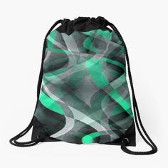 a drawsack bag with an abstract design on the front and side, in grey and green