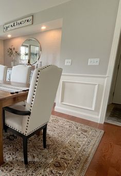 Shown here, dining room with Sherwin Williams Worldly Gray paint color on walls, BEnjamin Moore White Dove wainscoting and trim, red oak wood flooring, traditional modern farmhouse furniture and home decor. 

#wainscoting #redoak #woodfloor #homeupdate #kyliem #diy Red Wood Stain, Kylie M Interiors, Wood Stains, Best Paint, Best Paint Colors, Red Wood, Wood Trim, Dark Wood, Staining Wood