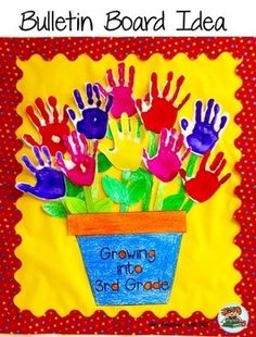 a bulletin board with handprints on it that says growing into grace and flowers in a flower pot