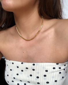 "Thin Curb Chain Gold Necklace ♡ 18K Gold Plated, *E-Coated for resistance against tarnish *E = Electrophoresis Plating The ideal necklace for every outfit. Ideal for layering ✨ DETAILS: ★ 5mm wide ★ Optional 2\" extender chain so you can adjust to your preference (13\" option always includes 3\" extender chain) ★ Model wears 16\" in main photo ★ 18K Gold Plated Curb Chain ★18K Gold Plated components ★ Affordable // Quality -Lead and Cadmium free 💌Message me for custom lengths & adjustments - F Cuban Chain Necklace, Layered Chains, Chic Gifts, Gold Choker, Chain Gold, Cuban Chain, Gold Chain Necklace, Small Jewelry, Gold Plated Chains