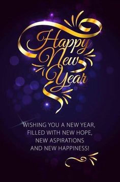 a happy new year greeting card with gold lettering and sparkles on a dark background