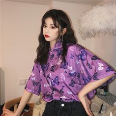 Product ID: JW4261 
 Material: Polyester 
 Color: Purple 
 Size Info: 
 One Size   Bust 120 cm, Length 75 cm, Sleeve 26 cm www.ccovv.com Vintage Butterfly Print, Look Grunge, Kawaii Shirts, Blouses Women, Ladies Blouse, Grunge Look, White Sneakers Women, Vintage Butterfly, Purple Butterfly