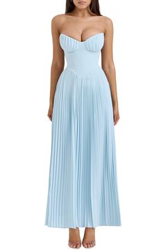 HOUSE OF CB Marcella Strapless Pleated Georgette Gown | Nordstrom Strapless Bustier, Sleeveless Skirt, Wedding 2025, Pleated Maxi Skirt, Off Shoulder Fashion, Strapless Maxi, House Of Cb, Garden Parties, Backless Maxi Dresses