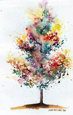 a watercolor painting of a colorful tree