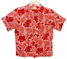 Vintage 1948-1958 Aloha Shirt by Hale Hawaii Tropical Floral Design Red & White Size Medium. Collar button with fabric loop, coconut buttons, vintage horizontal buttonholes, front pocket, straight hem. Shoulder-to-shoulder: 18-5/8 inches, across chest: 24-1/4 inches, length: 28-1/8 inches. Very good vintage; no issues. No material tag; feels like cotton. Made in USA. INTERNATIONAL BUYERS – This item may be subject to import duties. Please check with your country’s customs office to determine the Vintage Red Camp Shirt With Camp Collar, White Cotton Shirt With Hibiscus Print, White Cotton Hibiscus Print Shirt, Red Retro Hawaiian Shirt For Vacation, Retro Red Hawaiian Shirt For Vacation, Retro Red Cotton Camp Shirt, Retro Red Vacation Shirt, Vintage Red Short Sleeve Camp Shirt, Retro Red Camp Shirt For Vacation