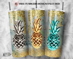 three pineapple tumblers with gold and blue glitter