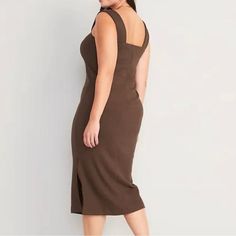 Great Slimming Dress. I Have One In Black And One In An Espresso Brown. Wide Shoulder Strap, Square Neck, And Side Split. Rib-Knit Cotton Blend Made In A Heavy Weight Stretch Material. Brown Fitted Sleeveless Dress For Work, Brown Sleeveless Midi Dress For Work, Fitted Sleeveless Brown Dress For Work, Fitted Brown Sleeveless Dress For Work, Basic Midi Dress, Orange Long Sleeve Dress, Navy Bodycon Dress, Burgundy Floral Dress, Blue Polka Dot Dress