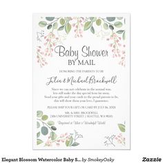 the baby shower by mail is shown in pink, green and white florals with leaves