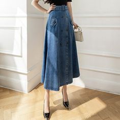 SPECIFICATIONS Silhouette: A-LINE Material: Acrylic,Polyester Fabric Type: Denim Elegant Fashion: England Style Dresses Length: Ankle-Length Decoration: Button Size Chart Please allow slight (+_2)manual measurement deviation for the data. Description Title: High Waist Pleated Long Skirts Women Vintage Flared Jean Skirt Vintage Casual Loose Solid Denim Maxi Skirts Streetwear SummerSeason: Spring Summer AutumnGender: Women's SkirtsSize: S M L XLOccasion: Daily,Casual,Lolita,Preppy StylePattern Typ Skirts Streetwear, Skirt Streetwear, Pleated Long Skirt, Vintage Flare, Skirts Women, Denim Maxi, Streetwear Summer, England Style, Long Skirts For Women