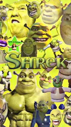 an advertisement for shreek with many different faces and body parts in the background