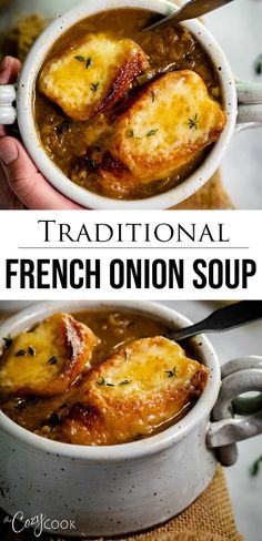 french onion soup in a white bowl with bread on top and the title overlay reads traditional french onion soup