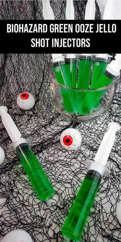 biohazard green ooze rum Jello shot injectors with rum alcohol Blue Halloween Jello Shots, Halloween Drinks Alcohol Jello Shots, Jello Shots Recipe Halloween, Green Halloween Jello Shots, Alcohol Syringe Shots, Jello Shots Syringes Recipe, Halloween Syringe Jell-o Shots, Halloween Shots In Syringes, Biohazard Jello Shots