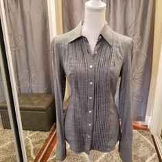 New Without Tag, Never Worn, Guess Cotton Button Up Shirt With Beautiful Detailing On The Front. Size M. Has No Flaws. Can Be Tucked In Or Out, Closed Or Open. Fitted Gray Collared Shirt, Fitted Collared Gray Shirt, Gray Button-up Top For Work, Elegant Gray Top With Button Closure, Elegant Gray Tops For Business Casual, Gray Button-up Blouse With Buttons, Gray Button-up Blouse, Classic Gray Button-up Top, Gray Shirt With Button Closure