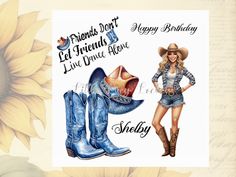 an image of a woman with cowboy boots and sunflowers in the background on a birthday card