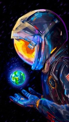 a man in a space suit holding a glowing globe