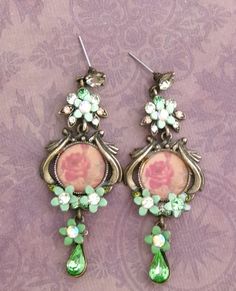 Vintage Green Flower Earrings, Vintage Green Nickel-free Flower Earrings, Green Vintage Flower Earrings For Gift, Green Vintage Flower Earrings As Gift, Vintage Handmade Green Flower Earrings, Handmade Vintage Green Flower Earrings, Jewelry Repurposed, Vintage Jewelry Repurposed, Victorian Earrings