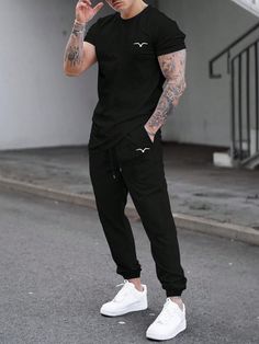 Black Casual Collar   Graphic  Embellished Slight Stretch  Men Clothing Black Sweatpants Outfit, Athleisure Men, Gym Outfit Men, Style Sweatpants, Black Jogger Pants, Aesthetic Outfits Men, Boys Clothes Style, Mens Style Guide, Cool Outfits For Men